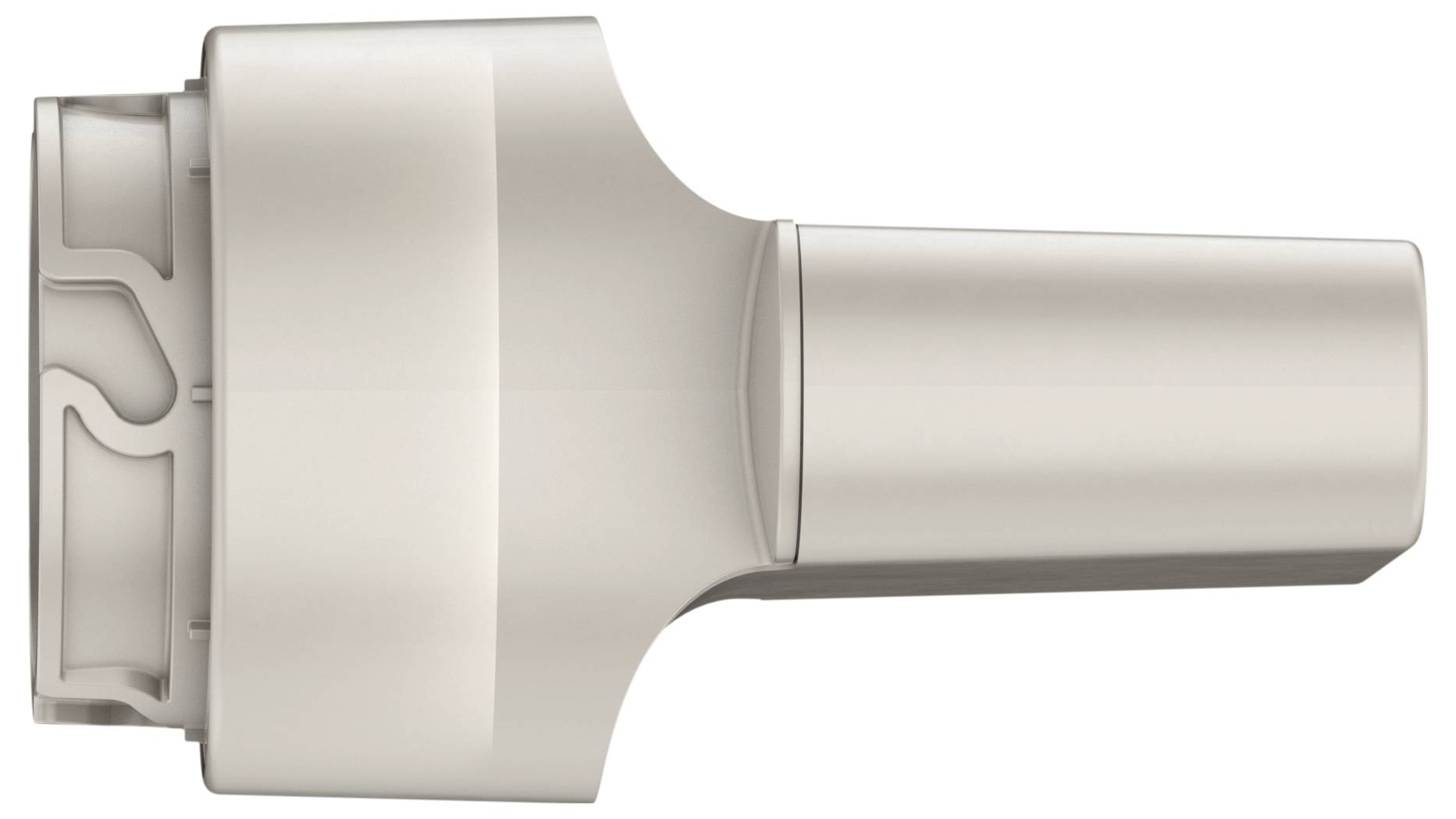 A beige vacuum cleaner attachment with a round connection and smooth surface, side view.