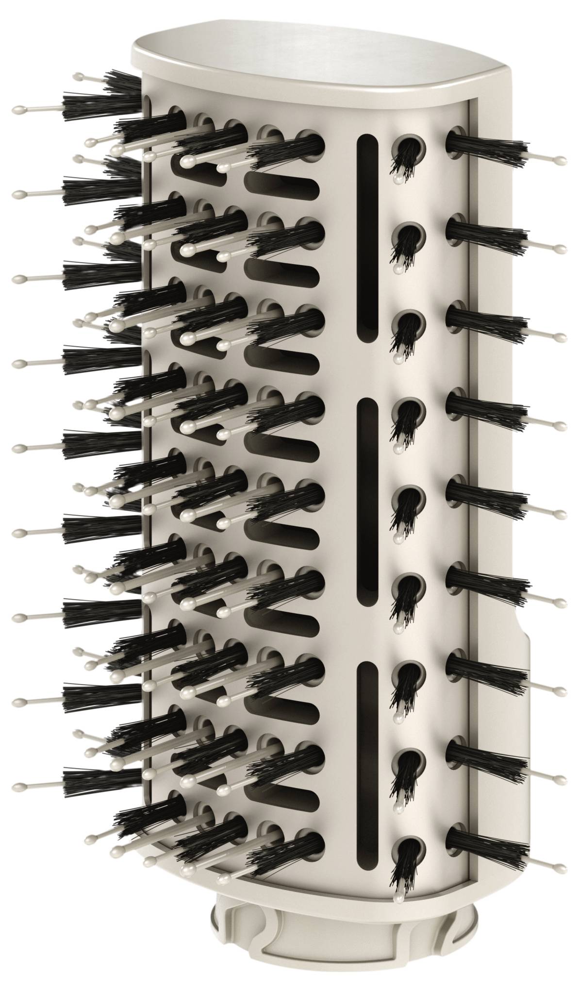 A round hair brush with several small bristles arranged in concentric rows, used for styling or combing hair.