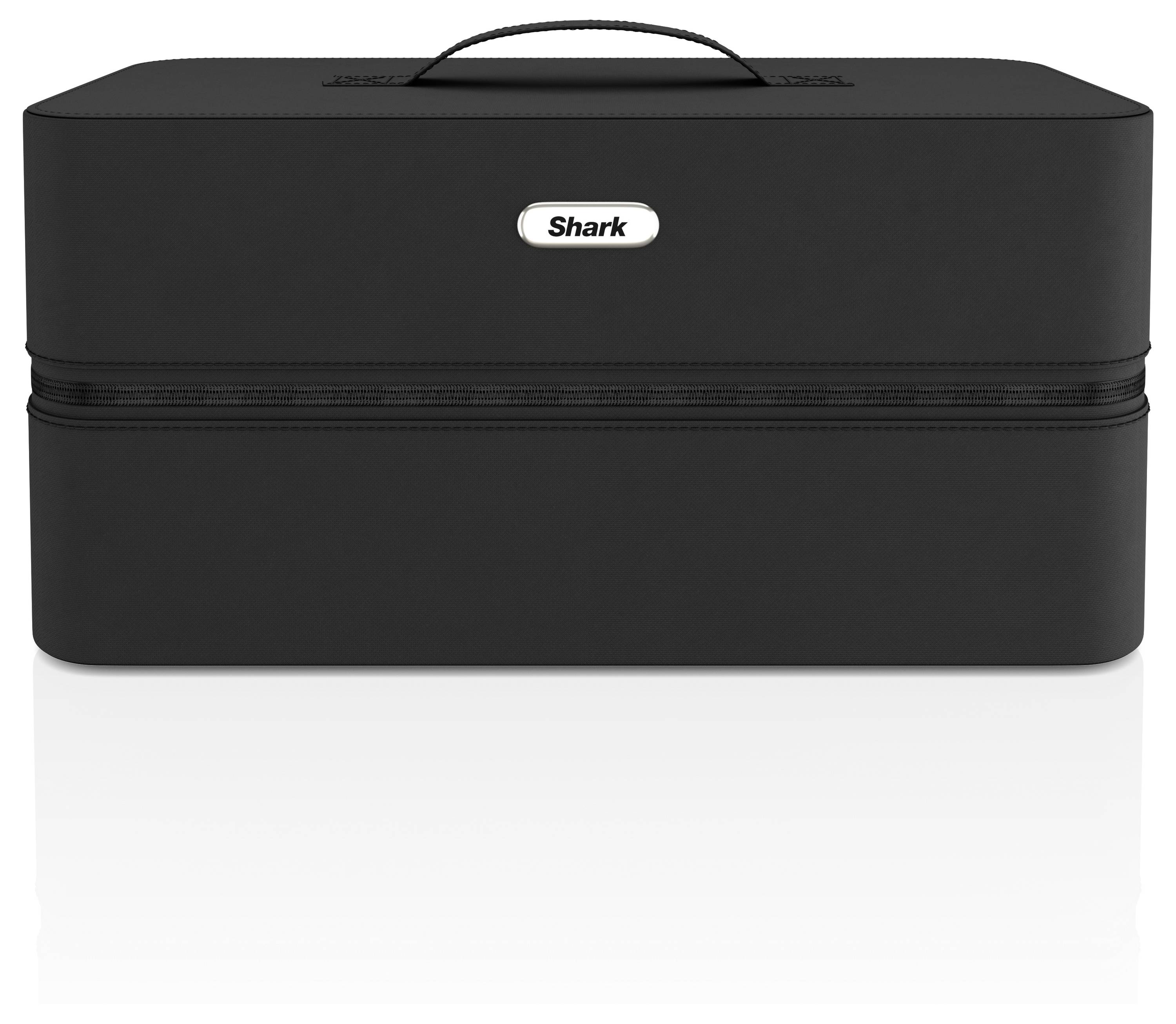 Black hard-shell suitcase with a carry handle and a small label reading 'Shark', positioned centrally.