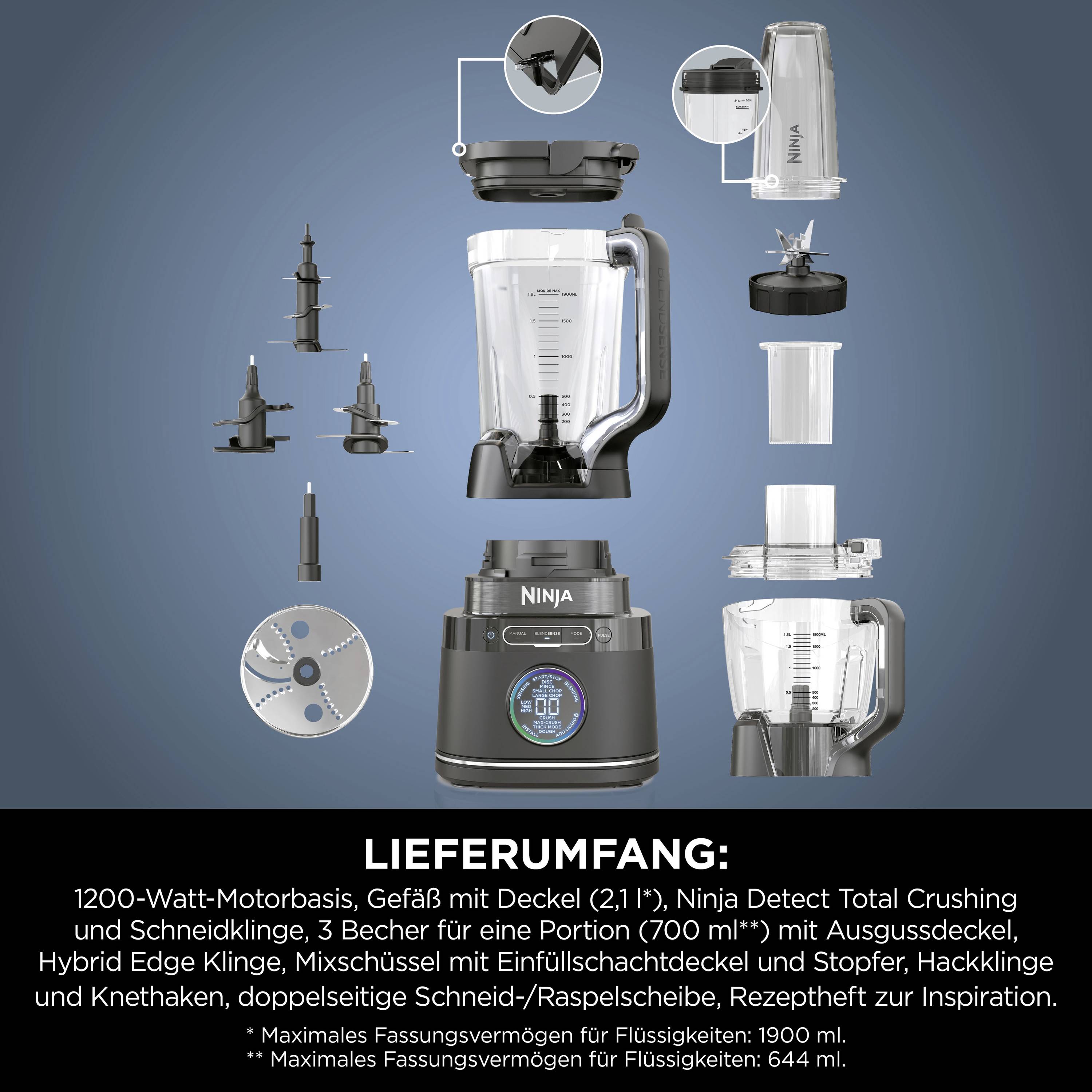 'Illustration of a kitchen blender with accessories: Ninja motor base, jug, three beakers, blades and recipe book. Suitable for blending and chopping.'