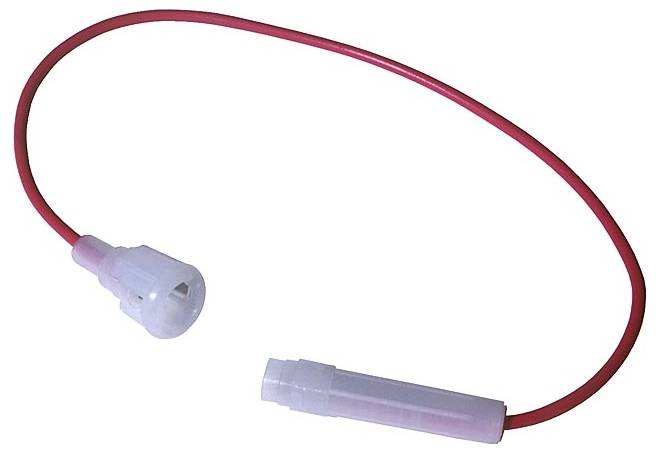 Red cable with white plug and socket at the ends, possibly used for electrical connections.