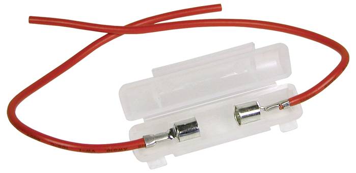 A transparent fuse holder with an open cover shows a fuse, connected by red wires at both ends.