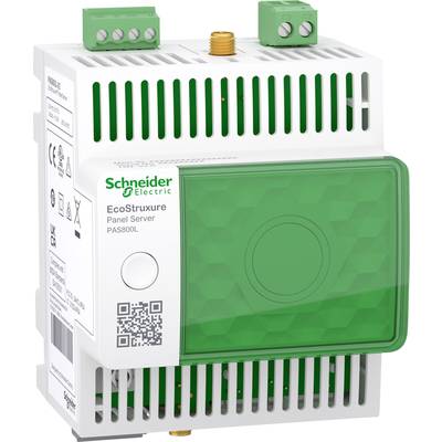 Schneider Electric EcoStruxure Panel Server PAS800. White housing with green section, front and top view, QR code present.