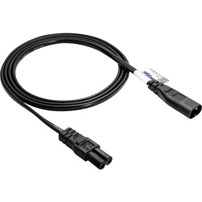 A black mains cable with two connectors, suitable for powering electrical devices.