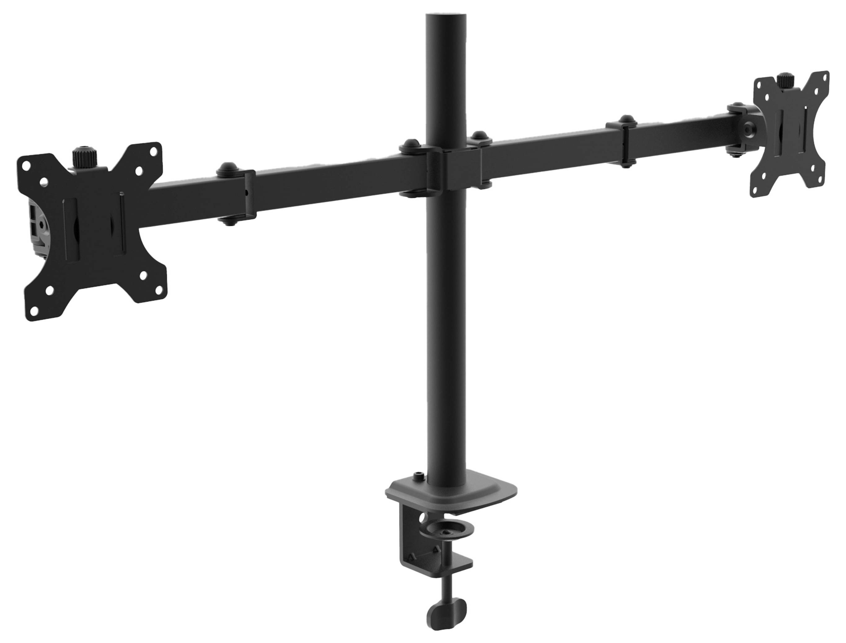 Dual-arm monitor mount for table attachment. The arms are adjustable, allowing monitors to be positioned at various angles.