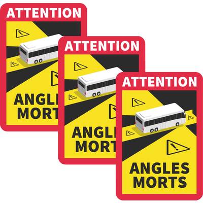 Three signs reading 'Attention Blind Spots' indicate a bus and warn of blind spots.