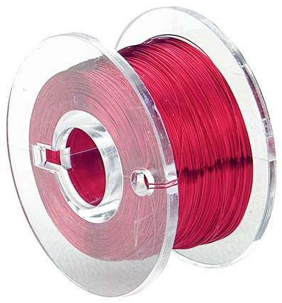 A transparent reel with a red thread is wound up and presented. The thread is tightly wound and glows vividly.