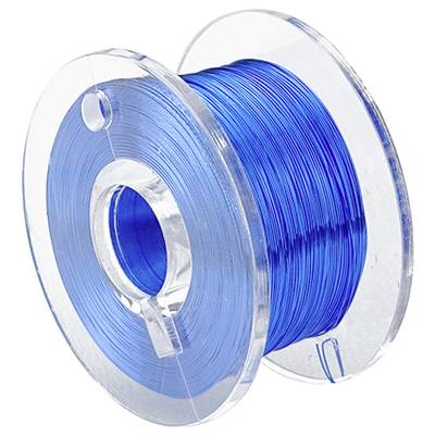 A transparent reel with blue fishing line tightly wound around its core.