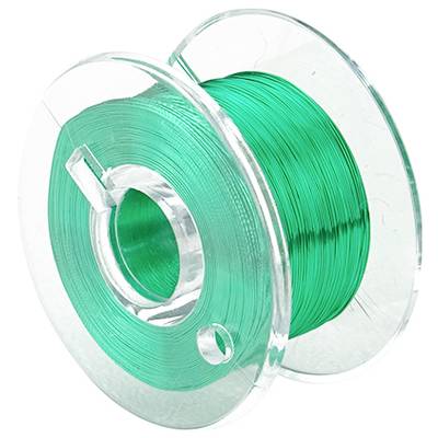 A transparent reel with green thread wound around it. The reel is completely visible, with the thread tightly wound.