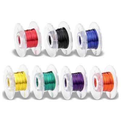 Eight transparent bobbins with multi-coloured wires: red, black, blue, yellow, green, purple, orange and blue.