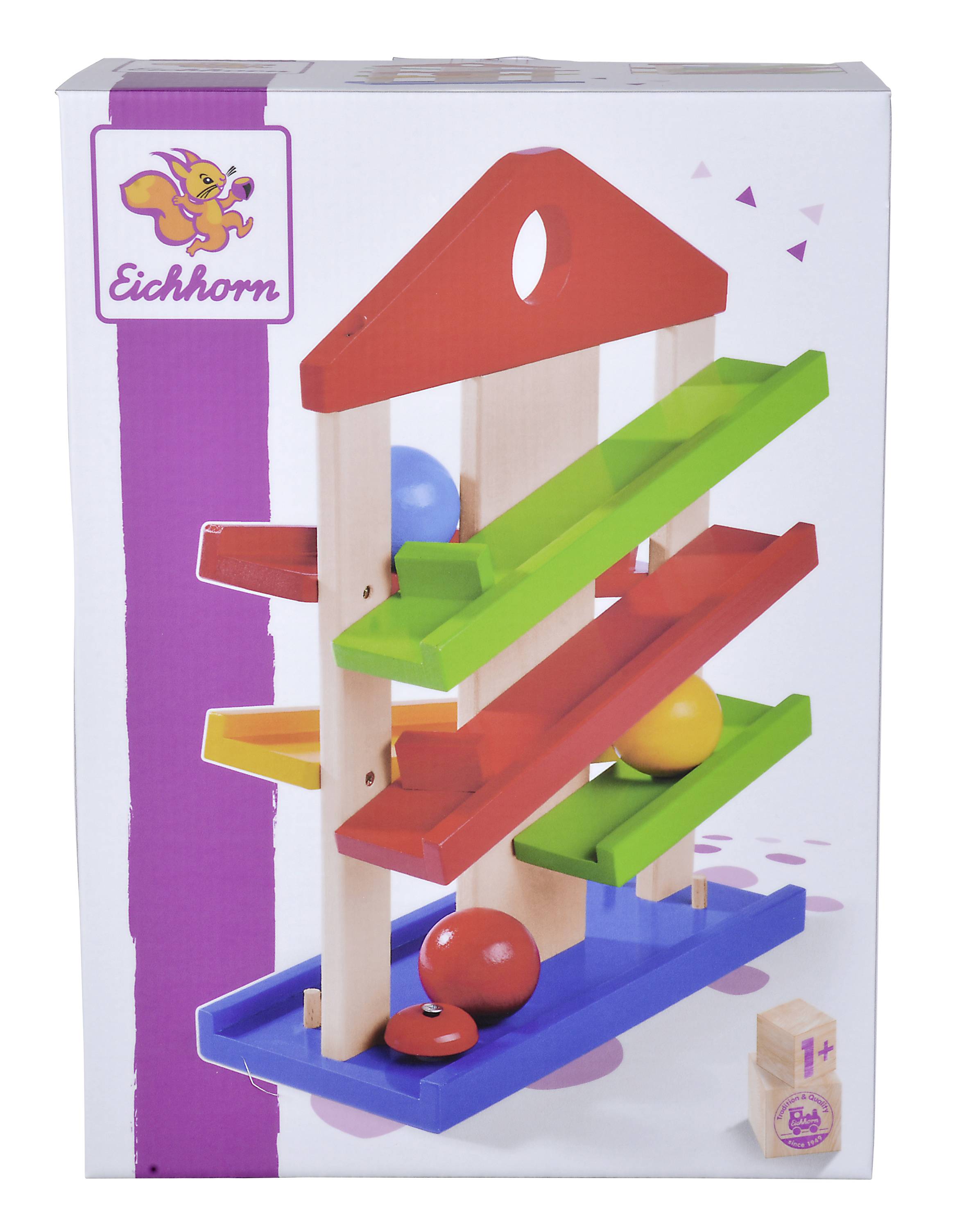 'Colourful wooden ball run by Eichhorn, suitable for children from 1 year old, shows a structure with coloured tracks and rolling balls.'