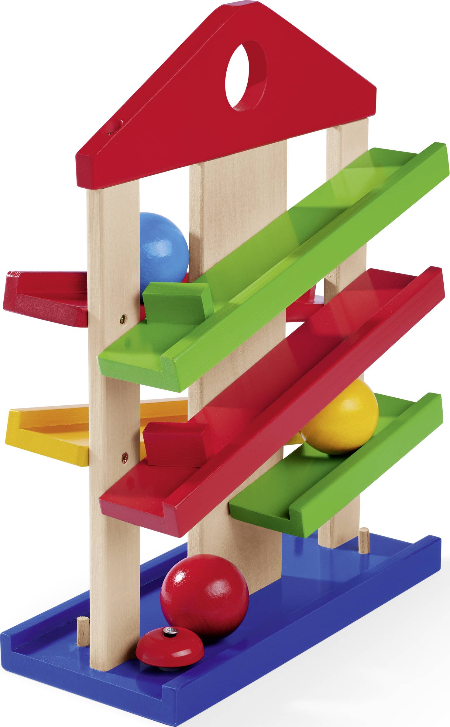 Wooden toys with coloured ramps down which colourful marbles can roll.