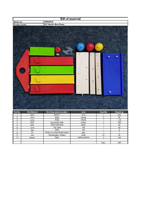 'Marble Run Blueprint' shows coloured wooden components and a parts list with descriptions, quantities, and materials for assembly.