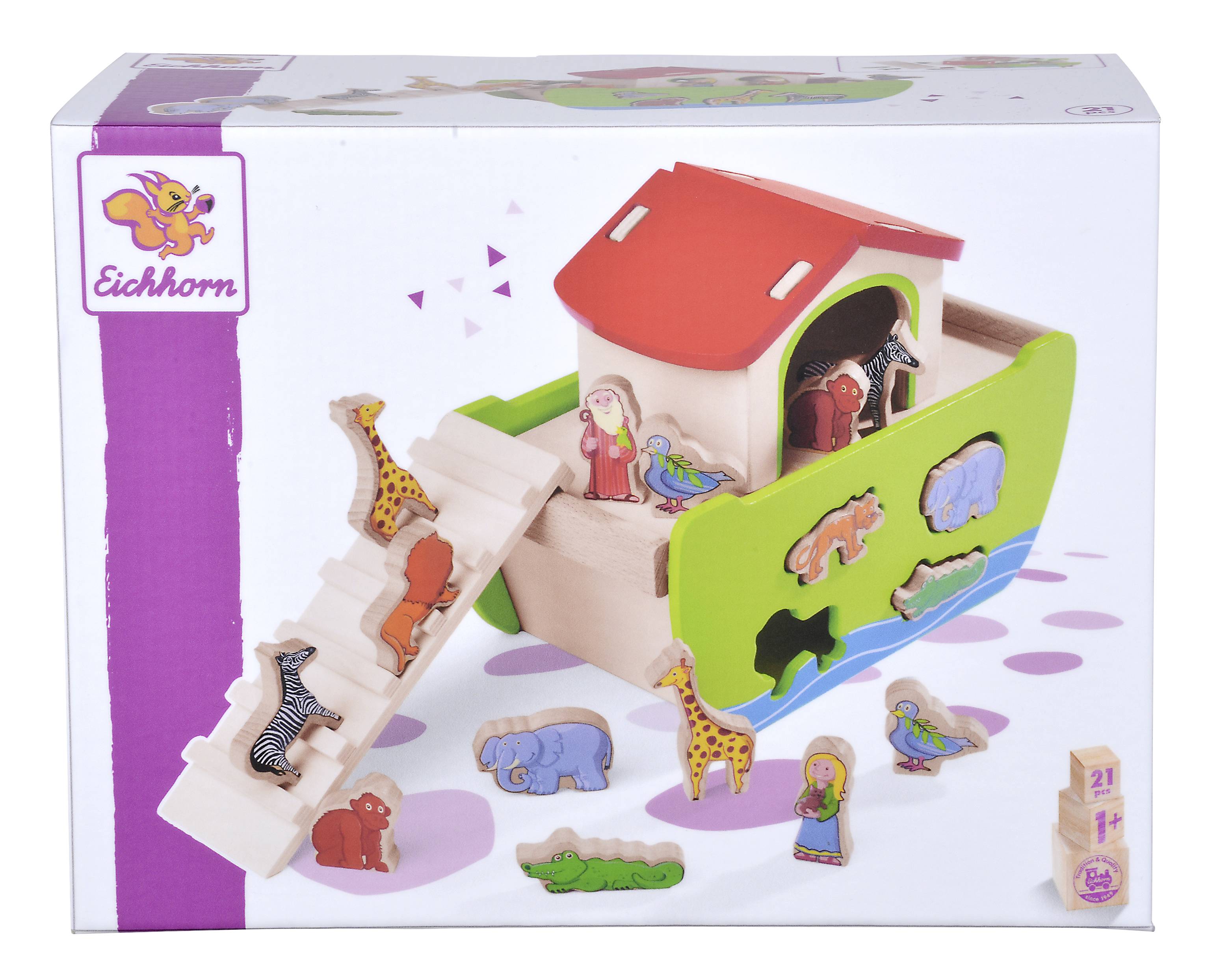 Toy Ark with Animals and Figures. Wooden animals such as giraffe, elephant, and crocodile fit into recesses on the sides of the ark.