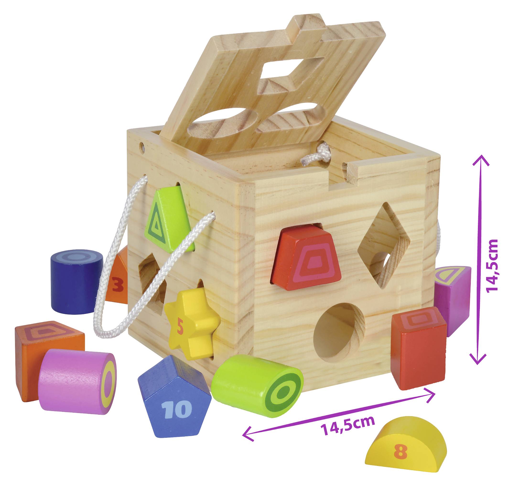 Wooden shape sorter box with various colourful shapes for inserting. The lid is open, with some shapes placed beside it. Dimensions: 14.5 cm cube.