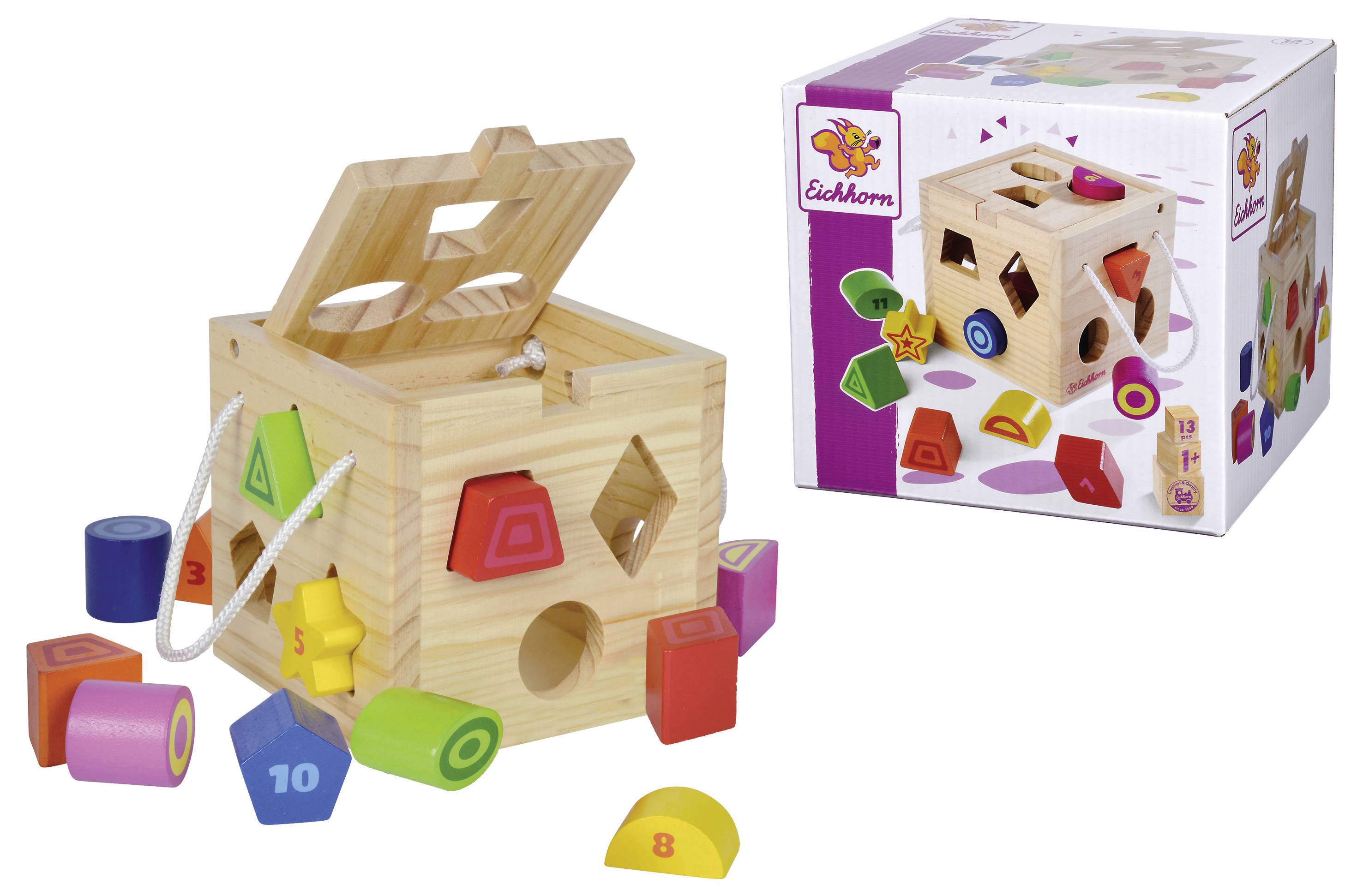 Wooden shape-sorting toy with various coloured shapes and matching box. Packaging with pictorial instructions in the background.