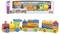 Wooden toy train set with a colourful locomotive and two carriages. Packaging displays the assembled set. Suitable for children.