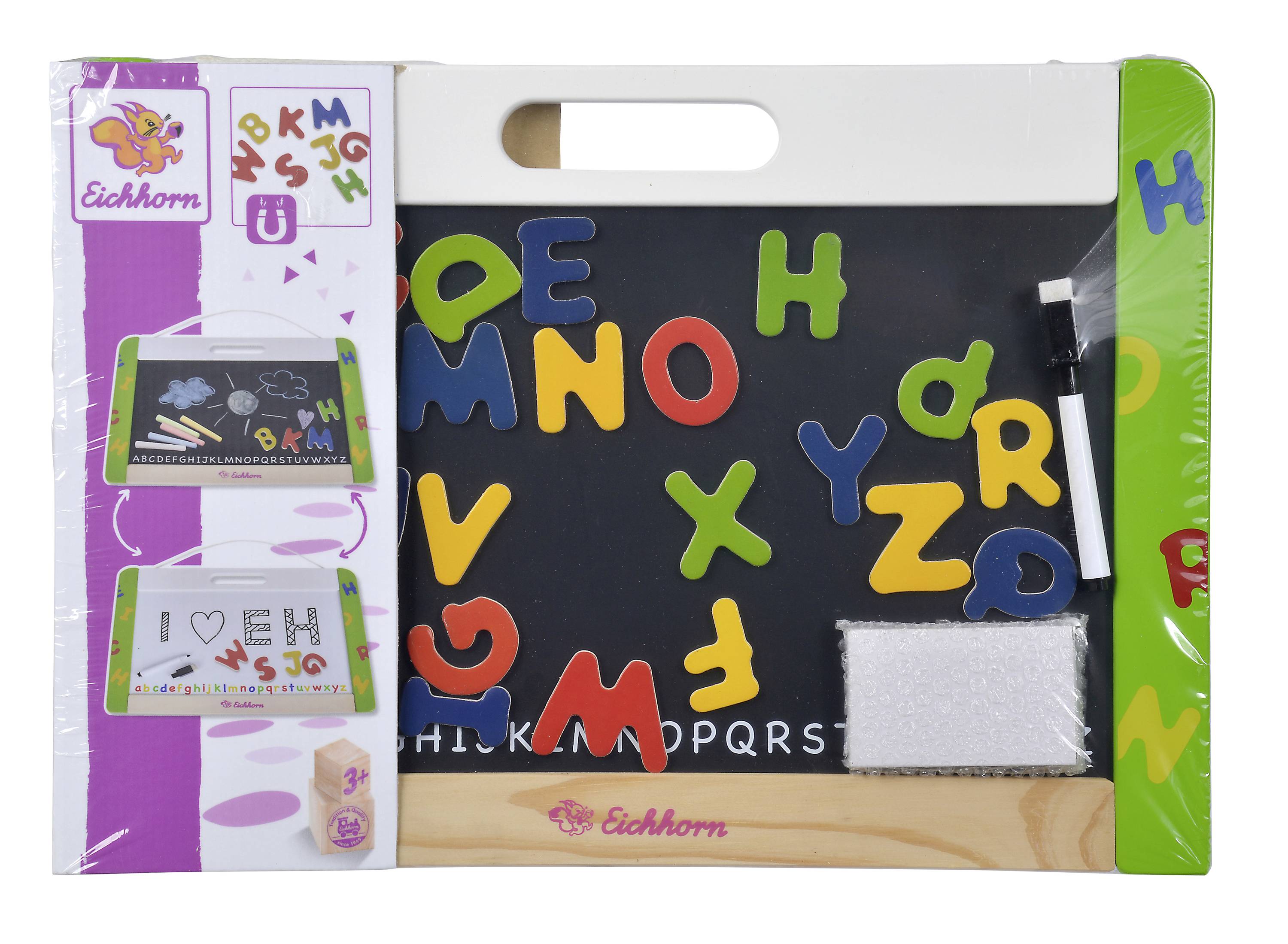 Colourful magnetic letter shapes on a black board, with chalk and a sponge. Product by Eichhorn.