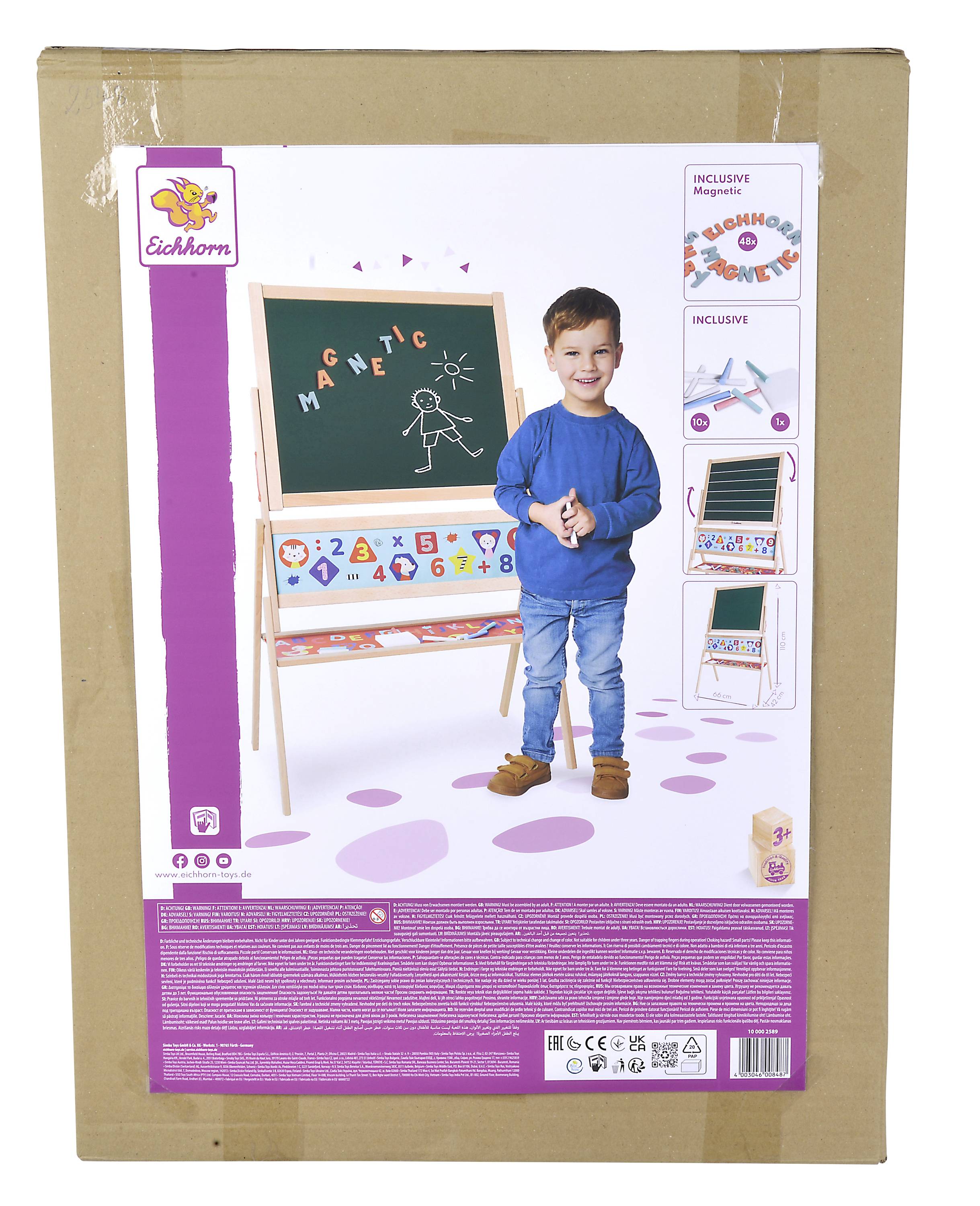 Cardboard box showing an image of a child in front of a board with magnetic letters, symbols, and shapes. Also includes product information.