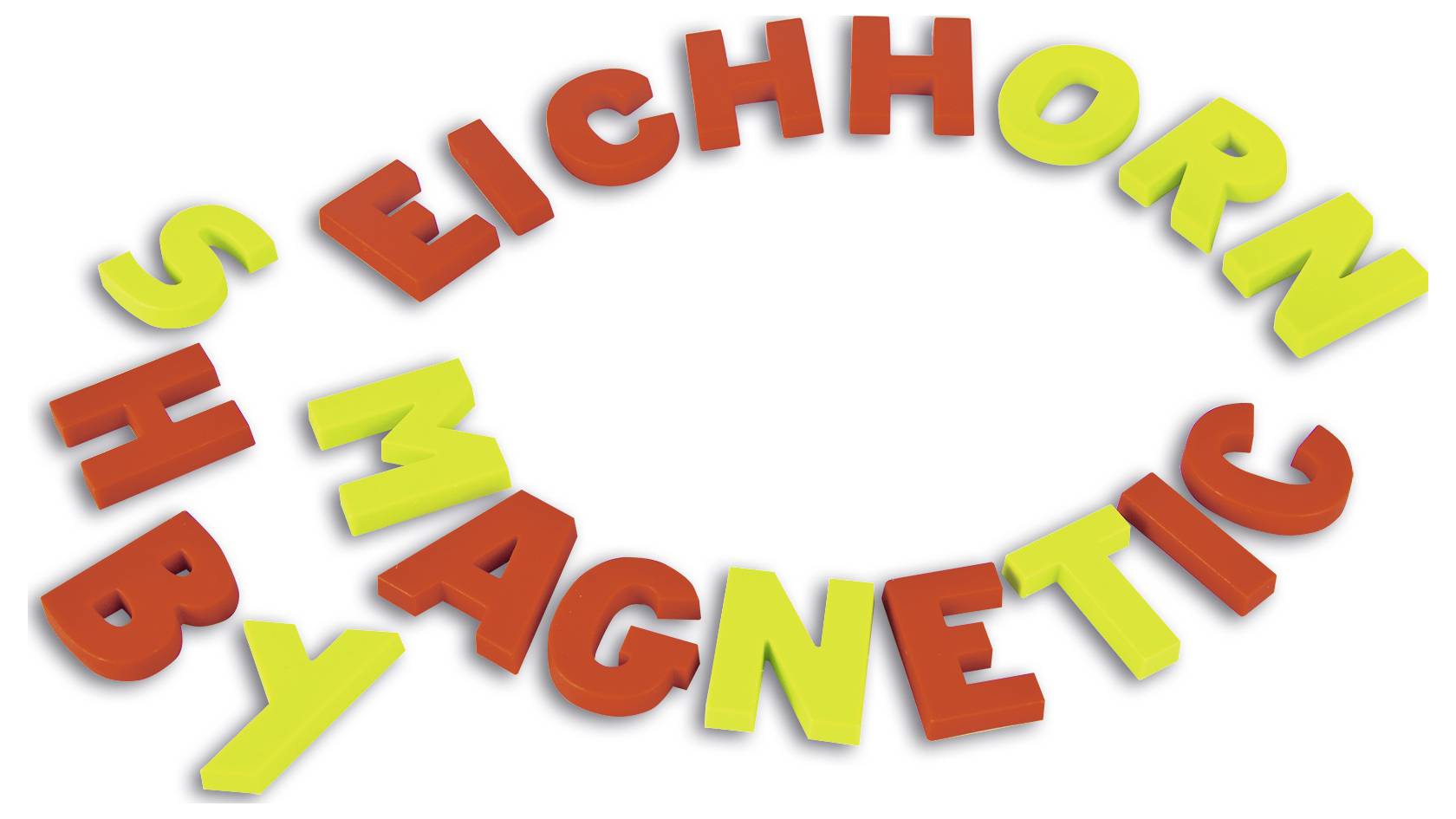 'Magnetic' and 'Eichhorn' formed from colourful letters, demonstrate an alphabet game.