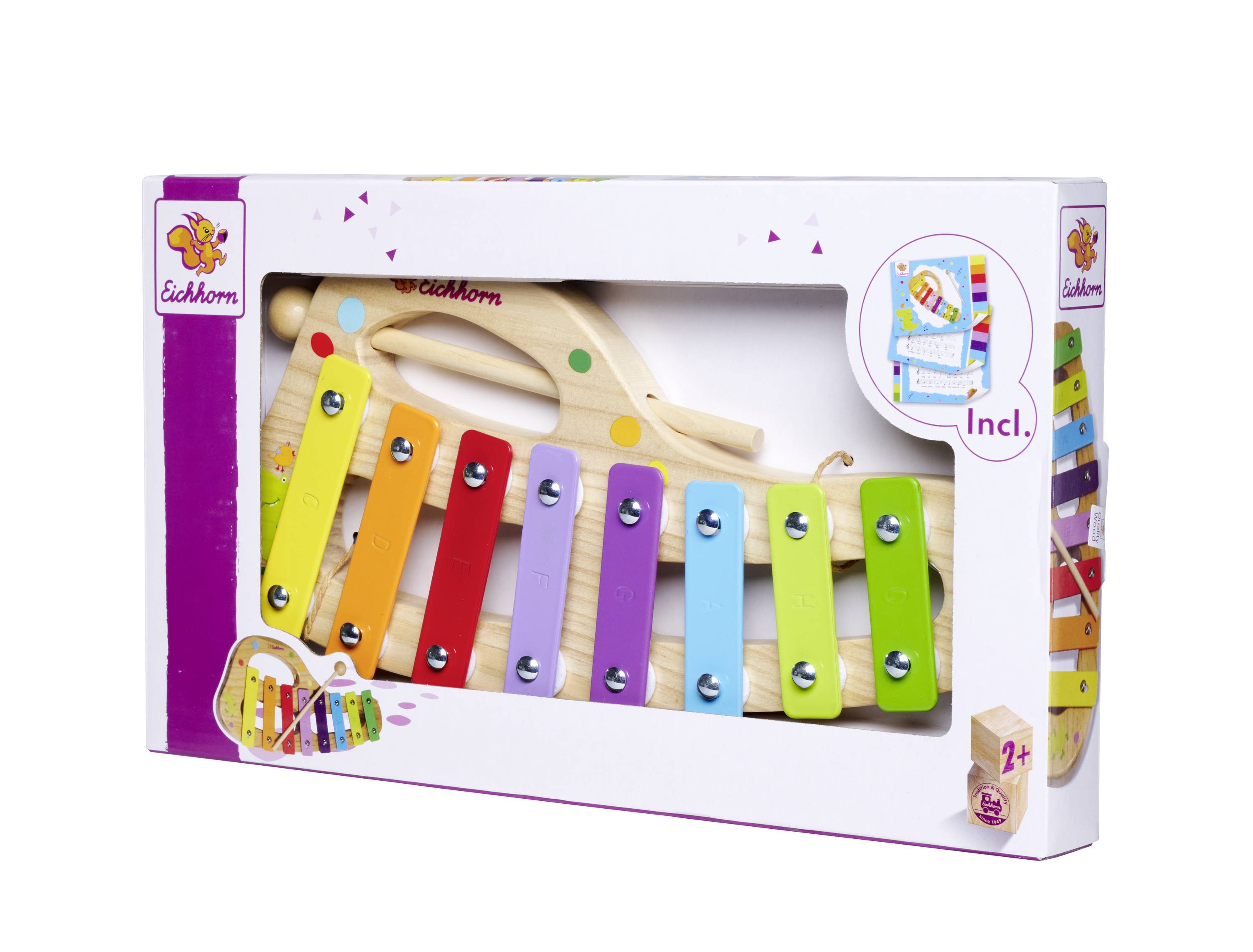 A wooden xylophone with colourful metal plates. Suitable for children aged 2 and above, packaged in a vibrant box.