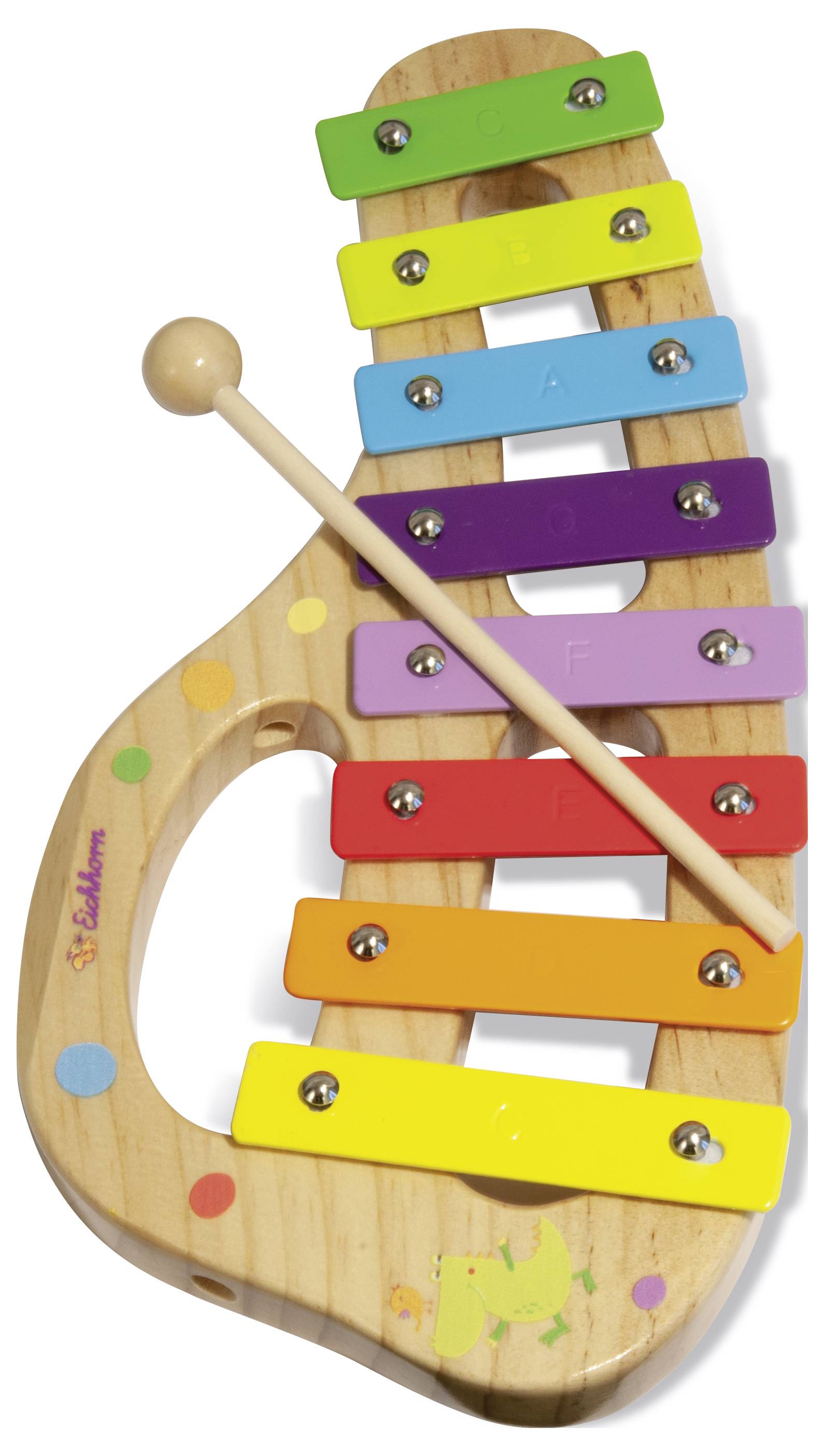 A colourful wooden xylophone with eight differently coloured metal plates and a wooden mallet.