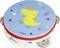 Tambourine with a colourful crocodile motif, musical notes and a bird. Toy for children, cheerful design on a blue background.