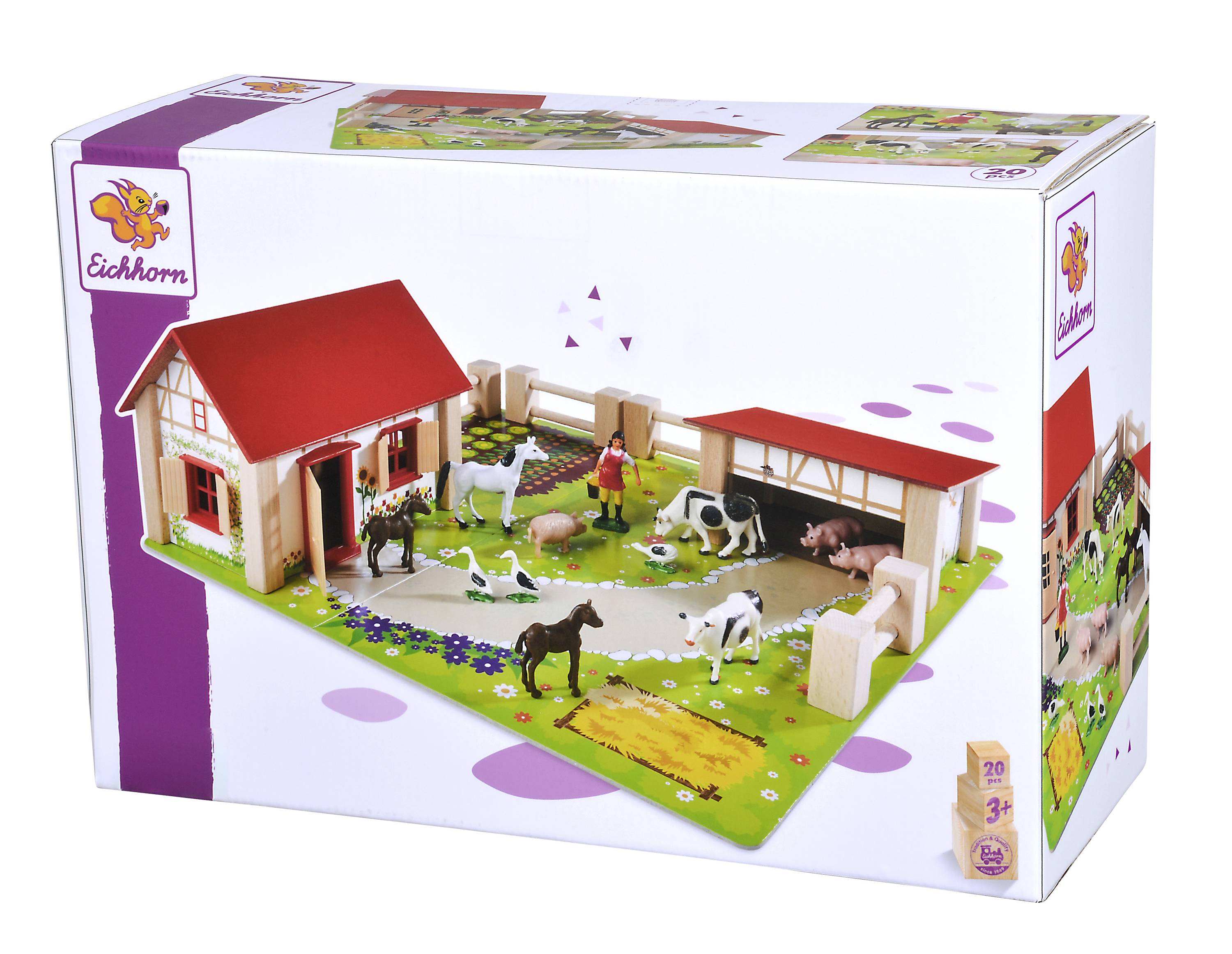 Toy Set "Farm": Includes a wooden barn, animals such as cows and horses, and a human figure. Packaging shows assembled farm. Suitable for ages 3 and up.