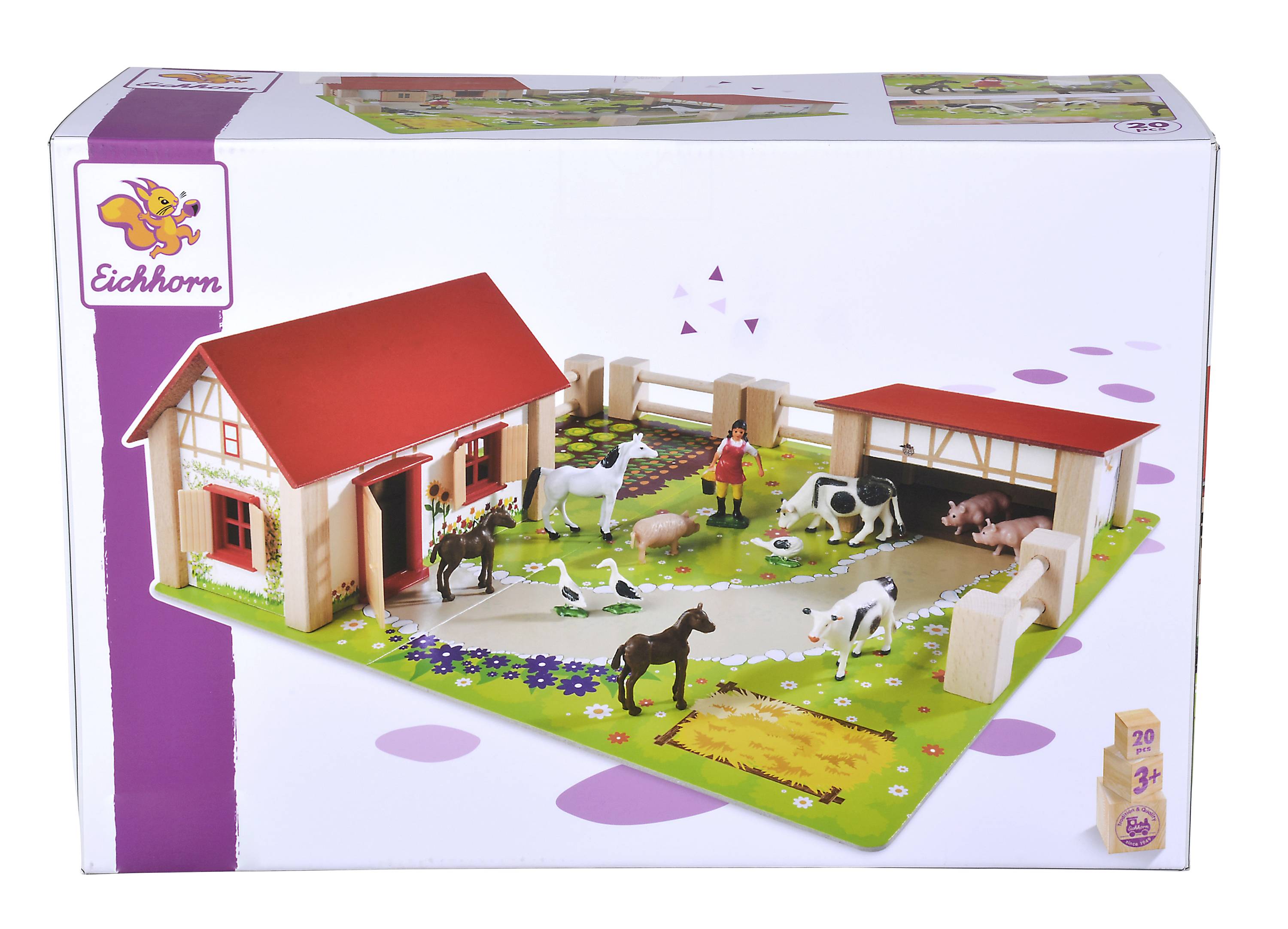 'Wooden farm toy set by Eichhorn, includes animals and farmer, suitable for children aged 3 years and up. Packaging shows assembled farm.'
