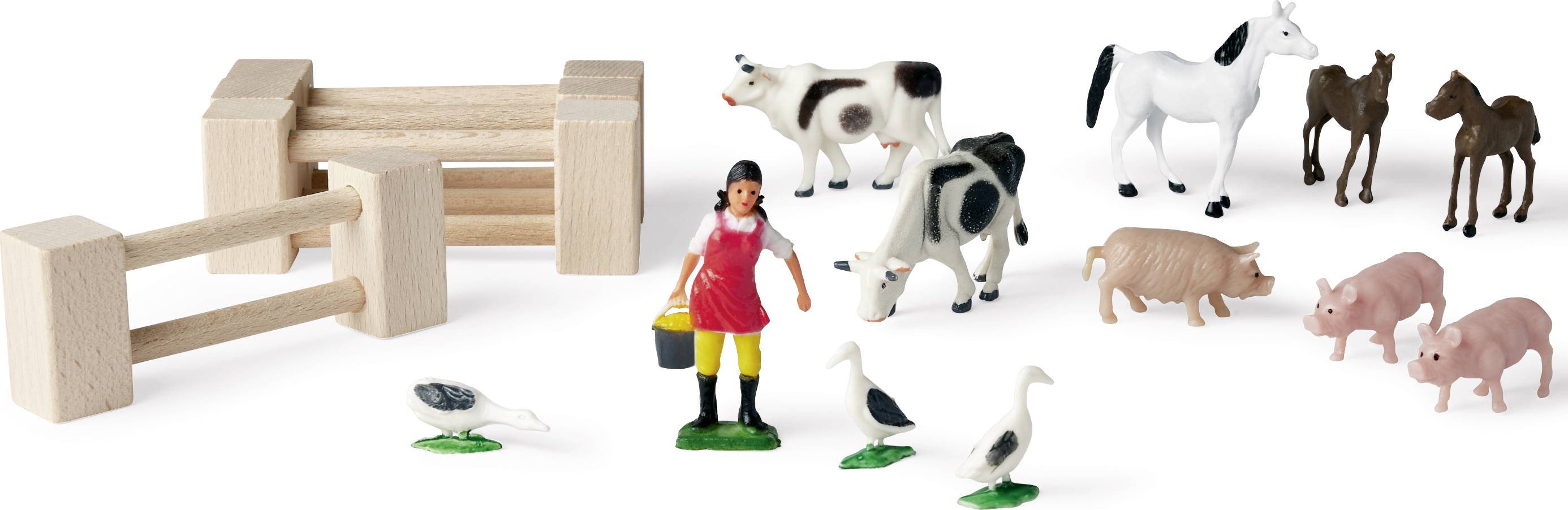 Farm Figurine Set: Woman with Bucket, Cows, Horses, Pigs, Ducks, Geese and Wooden Fence. Representation of a Farm.