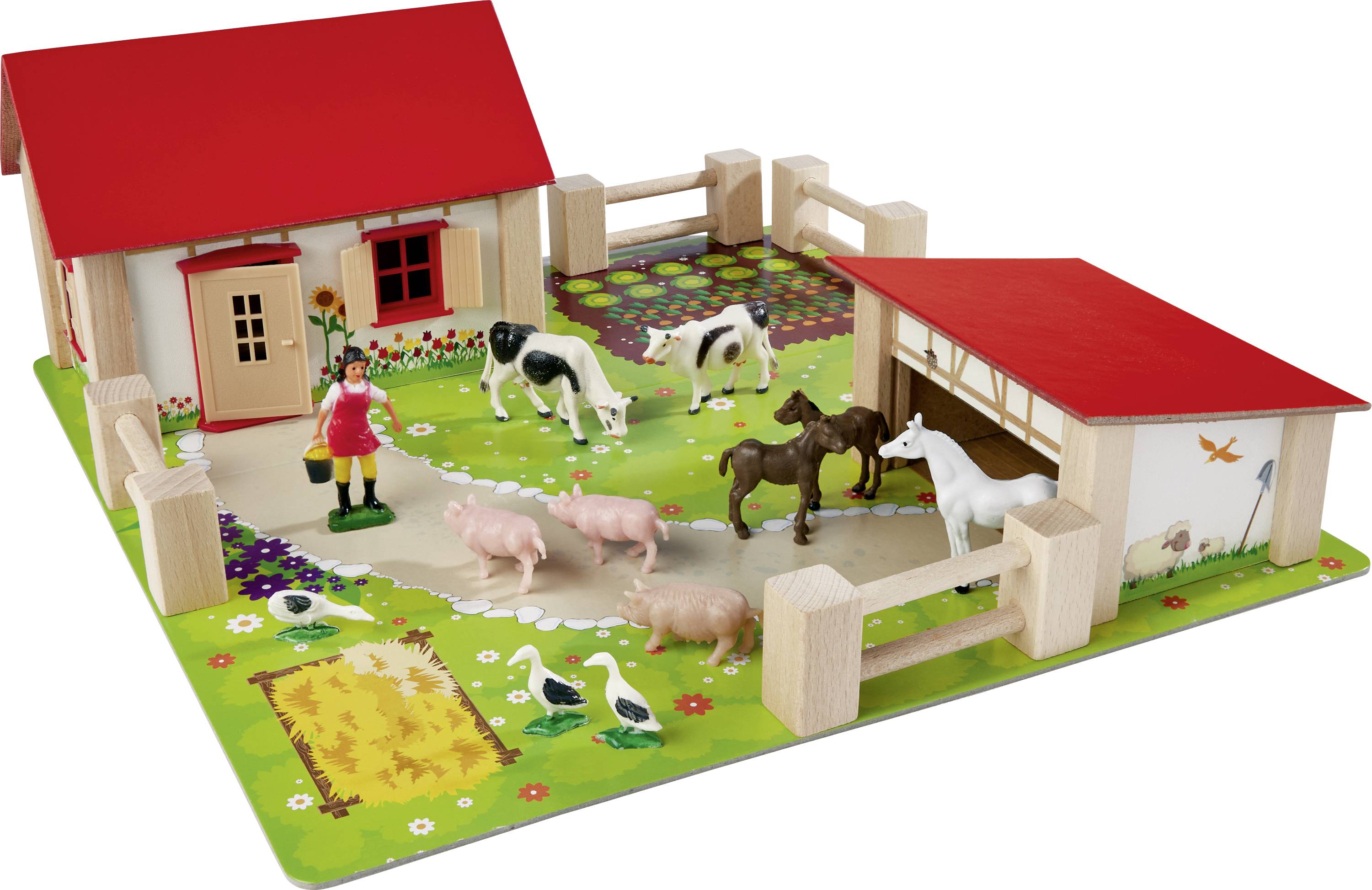 Toy farmyard with animals such as cows, horses, pigs and geese, along with figurines positioned in front of a red farmhouse and barn.
