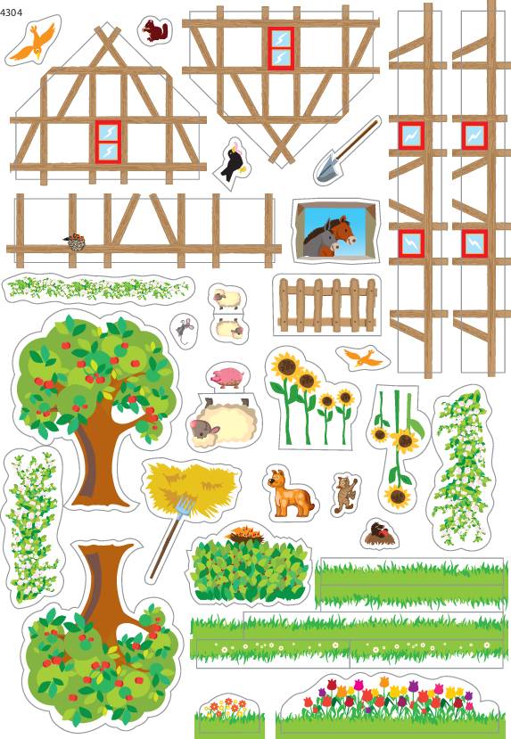 Components for a half-timbered house and garden ornaments, including trees, fences, windows, and domestic animals, depicted in blue and violet hues.