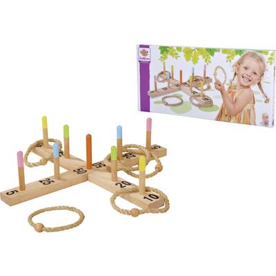 Wooden ring-throwing game with numbered sticks and colourful rings. A child smiles on the packaging in the background.