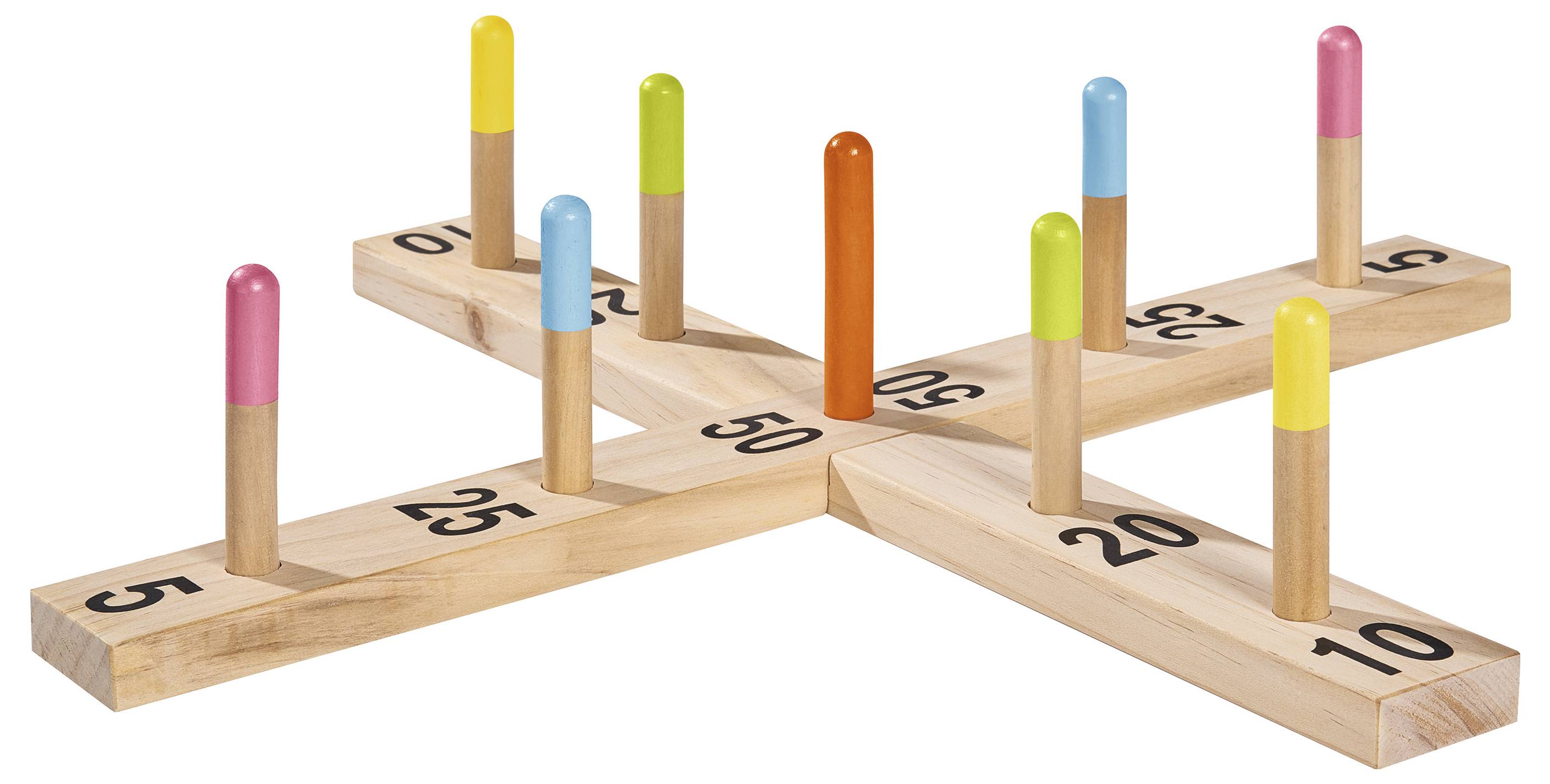 Wooden toy with a cross-shaped board, coloured pencils in numerical holes. Numbers from 10 to 50 mark points.