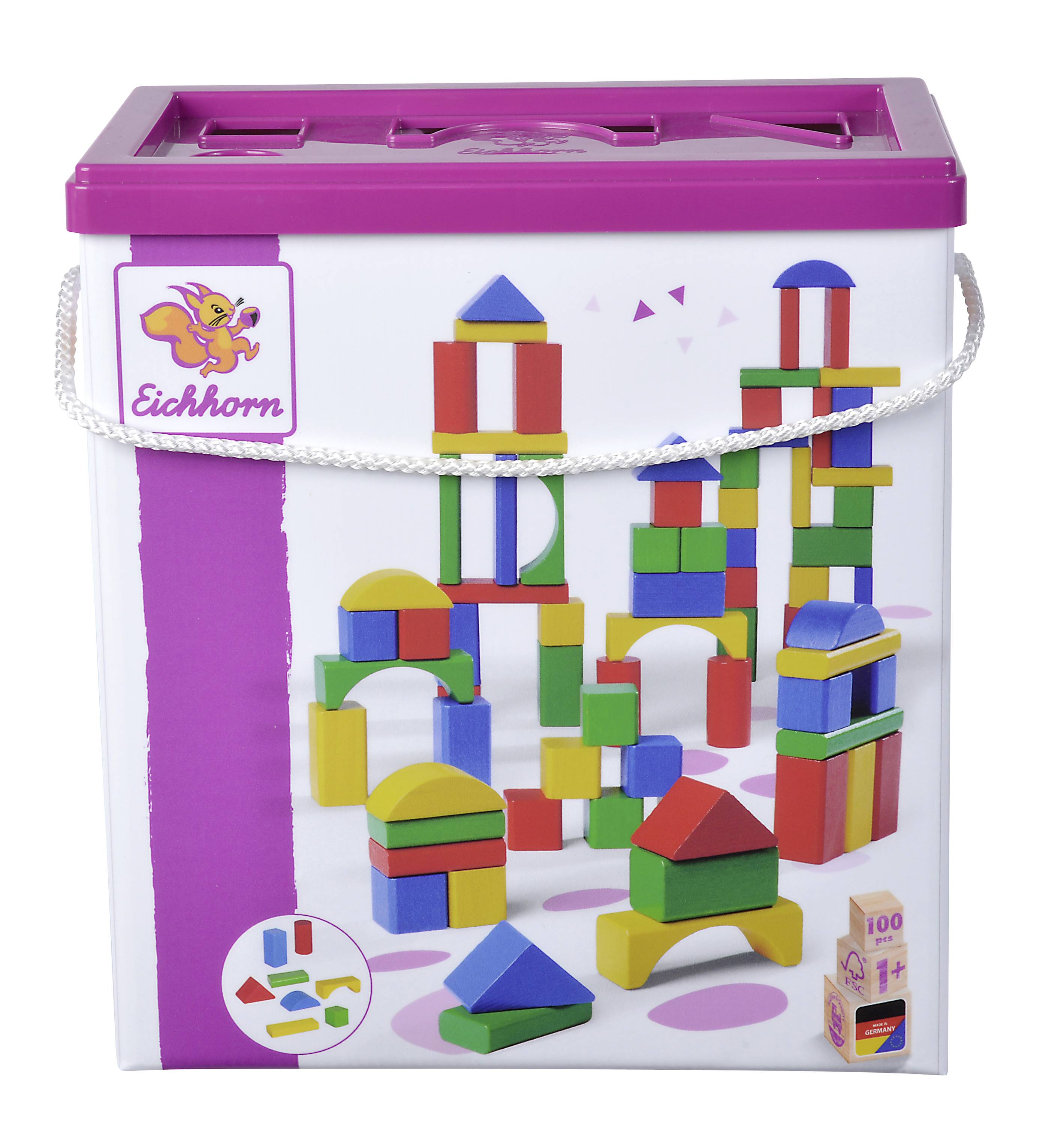 Colourful wooden building blocks displayed in a container. Focus is on the different shapes and colours of the blocks. Packaging with a handle.