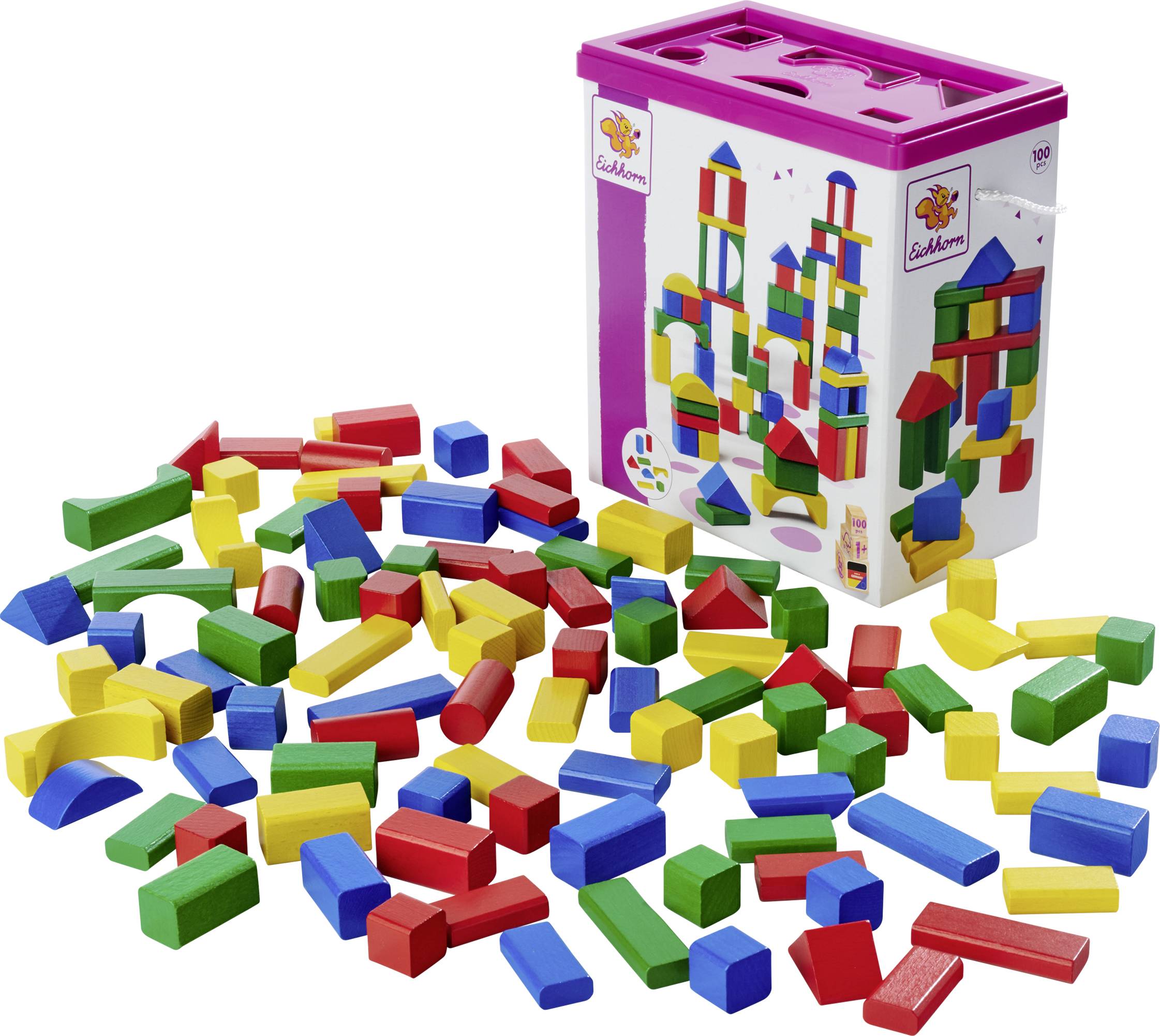 Colourful wooden building blocks in various shapes and colours in front of packaging showing construction images. Encourages creativity and motor skills.