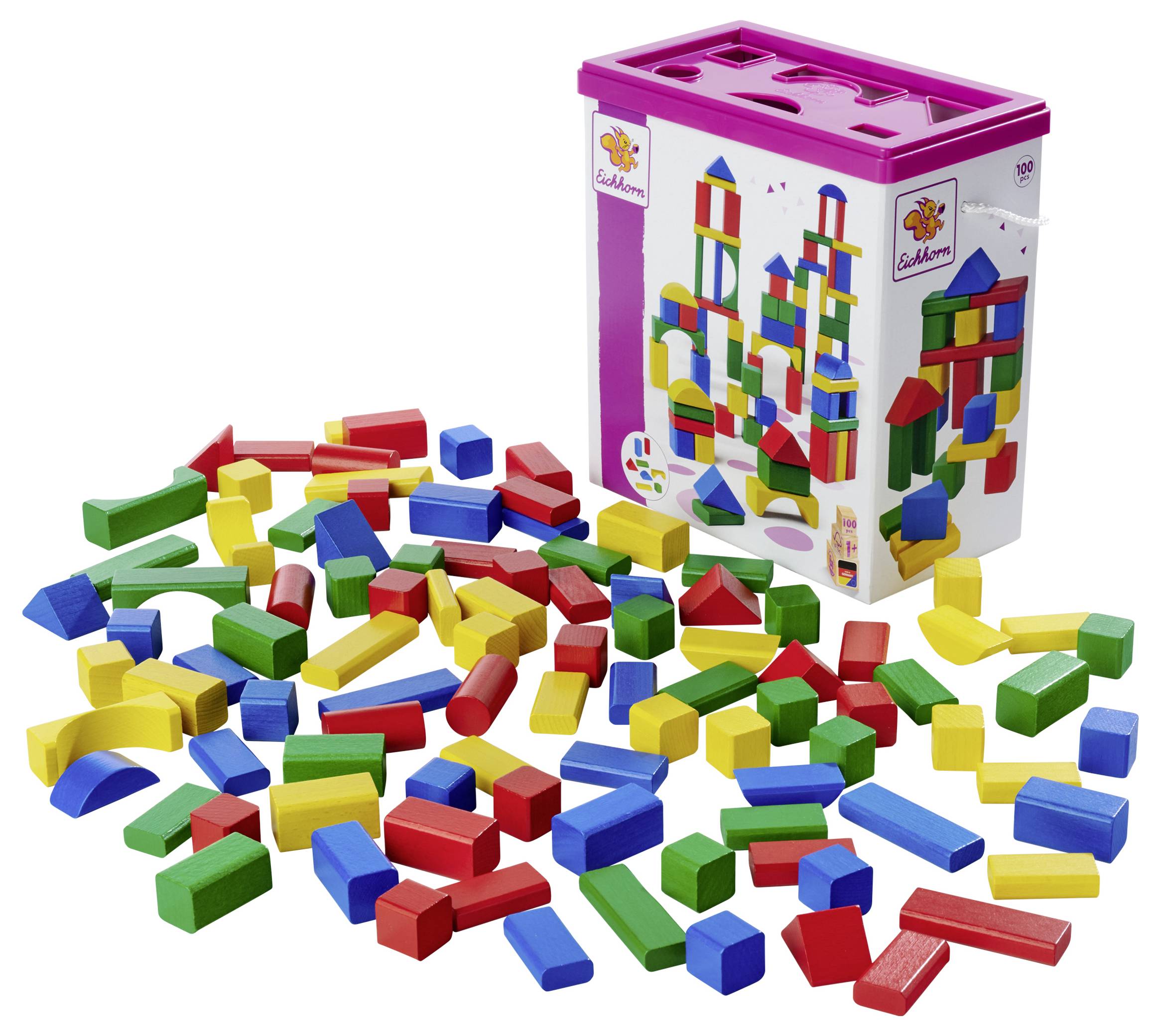 Colourful building blocks in red, blue, green and yellow are scattered in front of a pink storage box depicting castles.