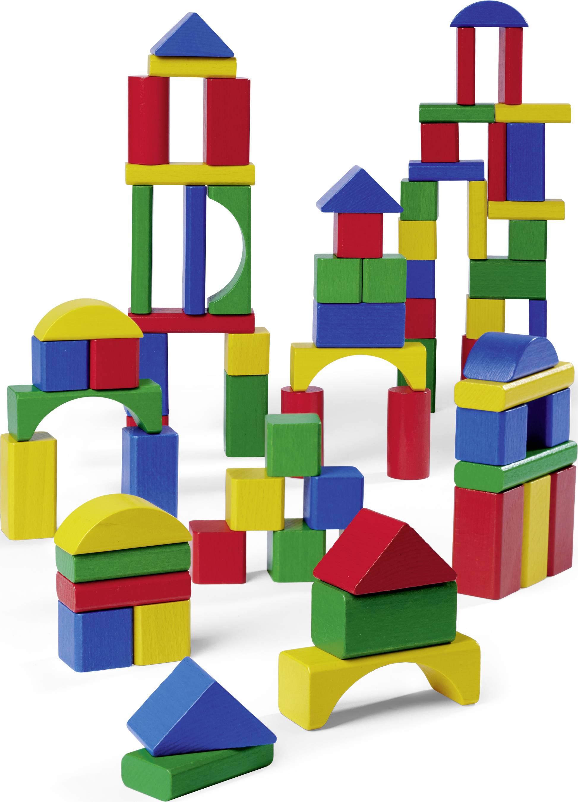 Colourful wooden building blocks in various shapes and sizes are stacked on top of each other, forming imaginative structures.