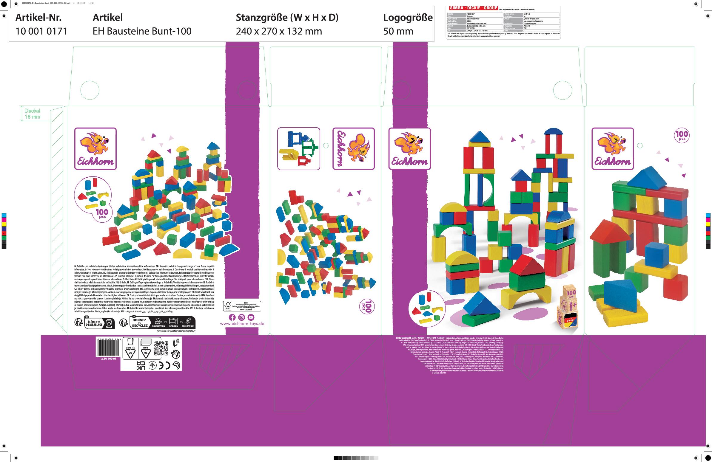 The image shows a packaging design for a building block set with colourful geometric shapes. It contains product information and the brand "Eichhorn".