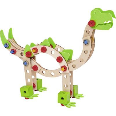 Wooden construction kit in the shape of a dinosaur with green felt pieces and colourful screws.