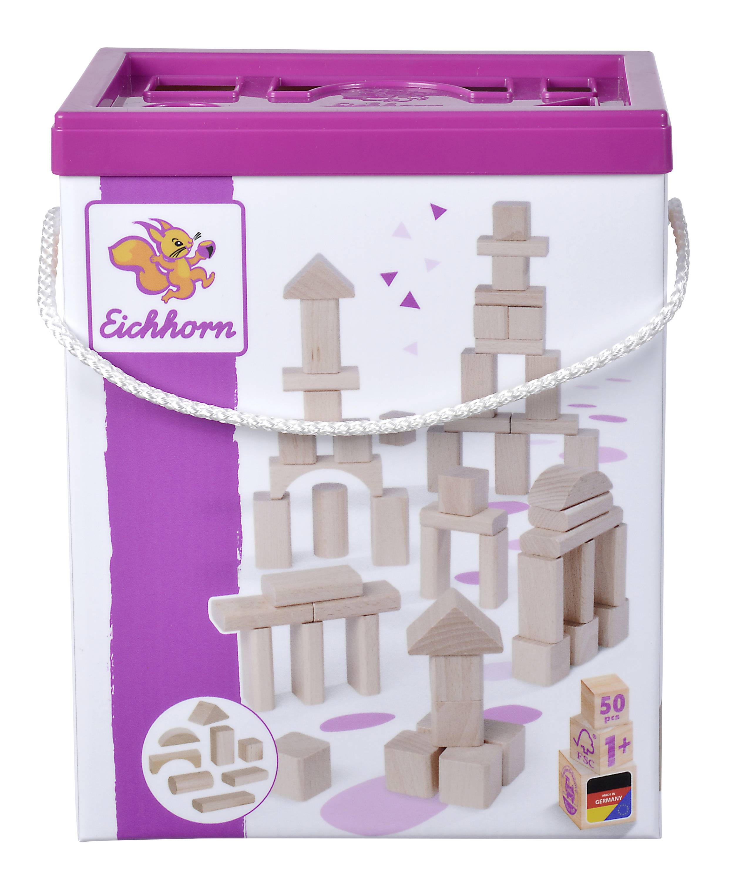 A wooden block set in a box, suitable from 1 year old, showing various constructions made from the blocks, brand 'Eichhorn'.