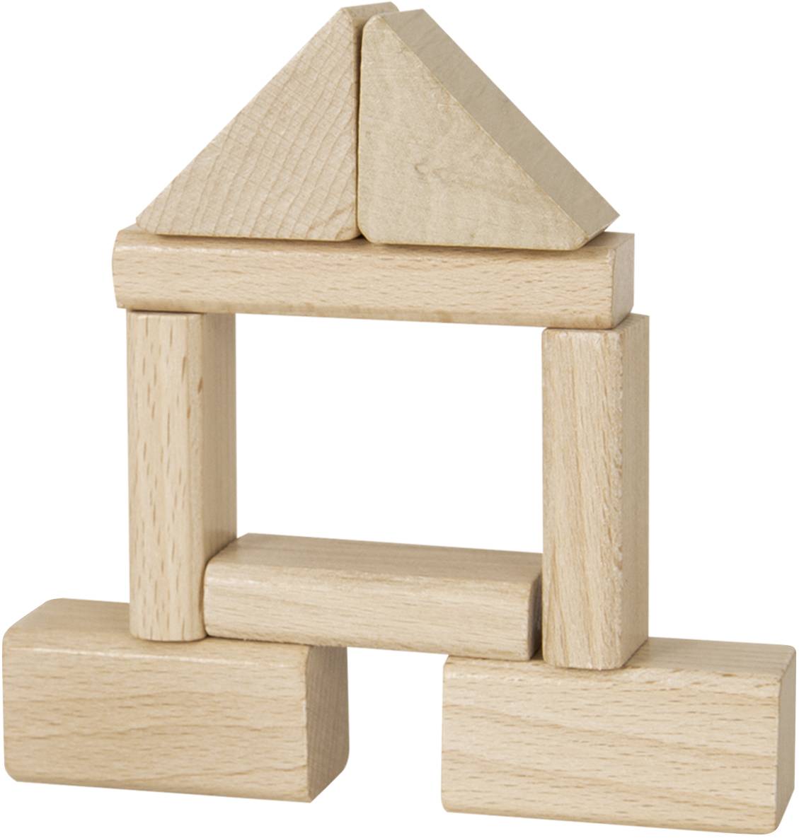 Wooden building blocks in the shape of a small house with two triangles as a roof on rectangular blocks.