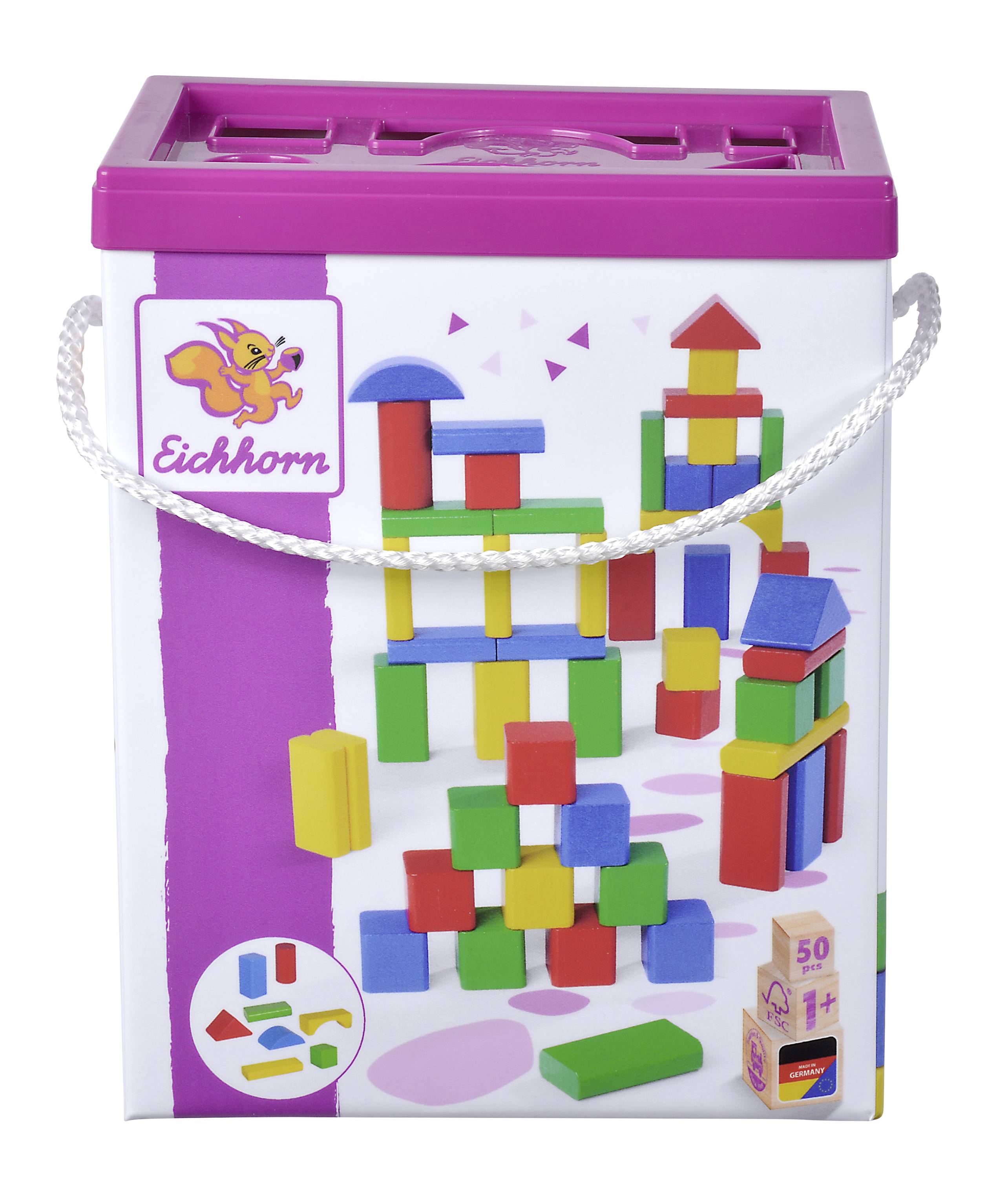 Toy box with colourful building blocks. The lid has shape openings for insertion. Suitable for building and learning. Ideal for children.