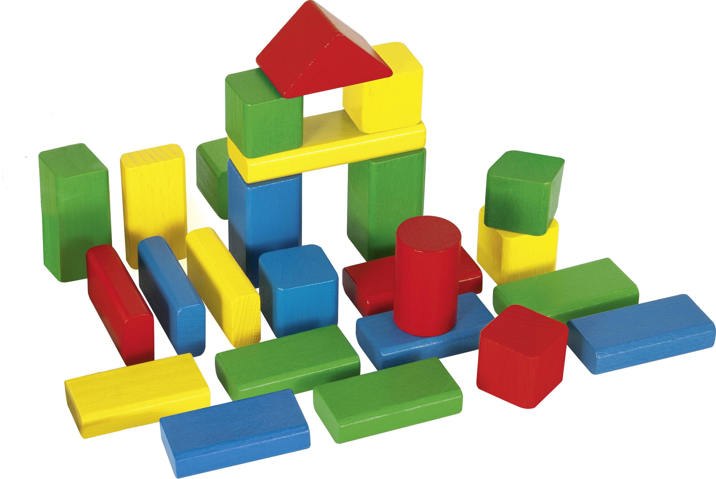 Colourful building blocks are stacked into a simple structure with a triangular roof, surrounded by scattered blocks.