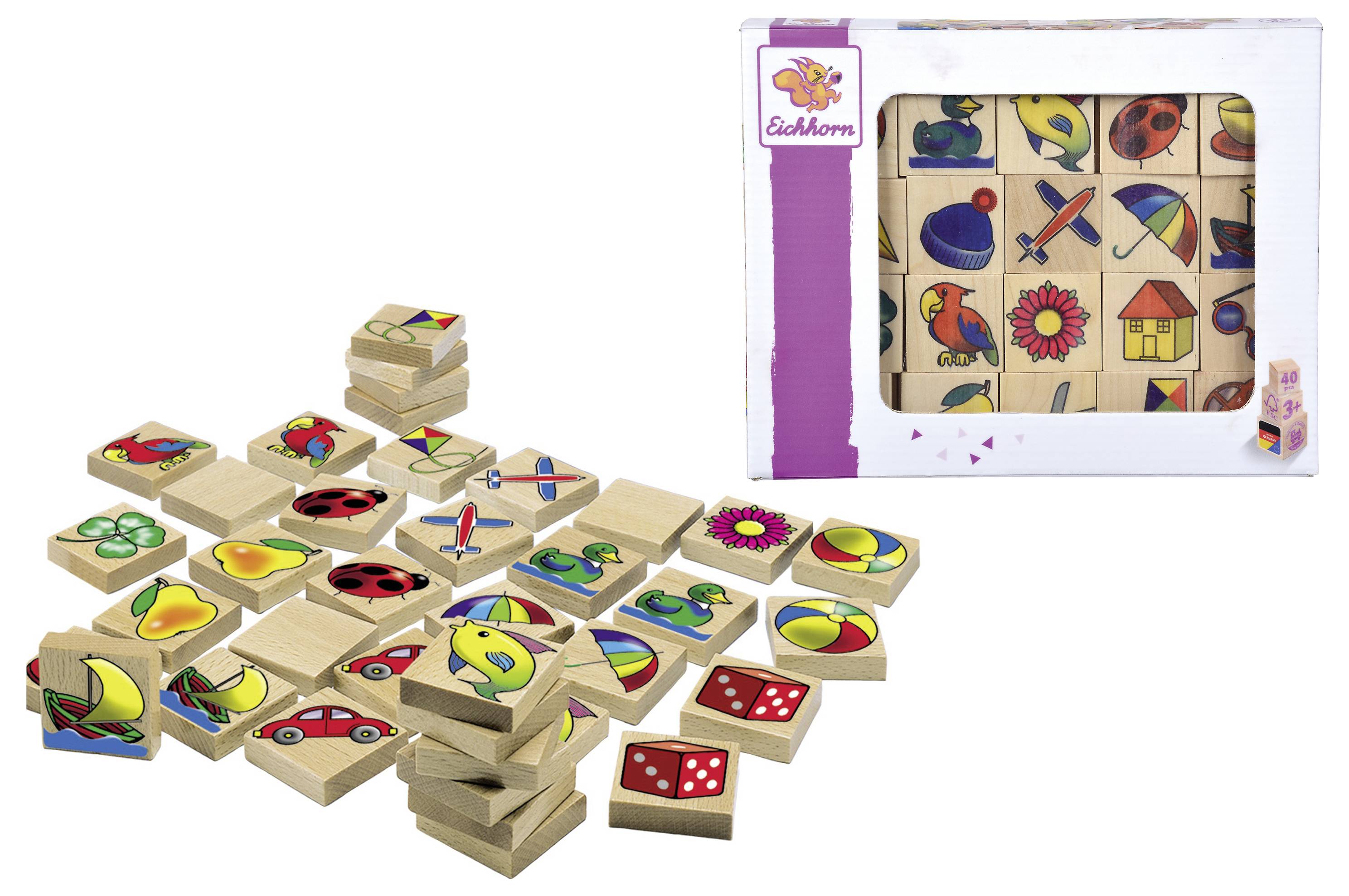 Wooden memory game with colourful pictures of animals, objects, and shapes. Packaging displays the same motifs, suitable for children aged 3 and over.