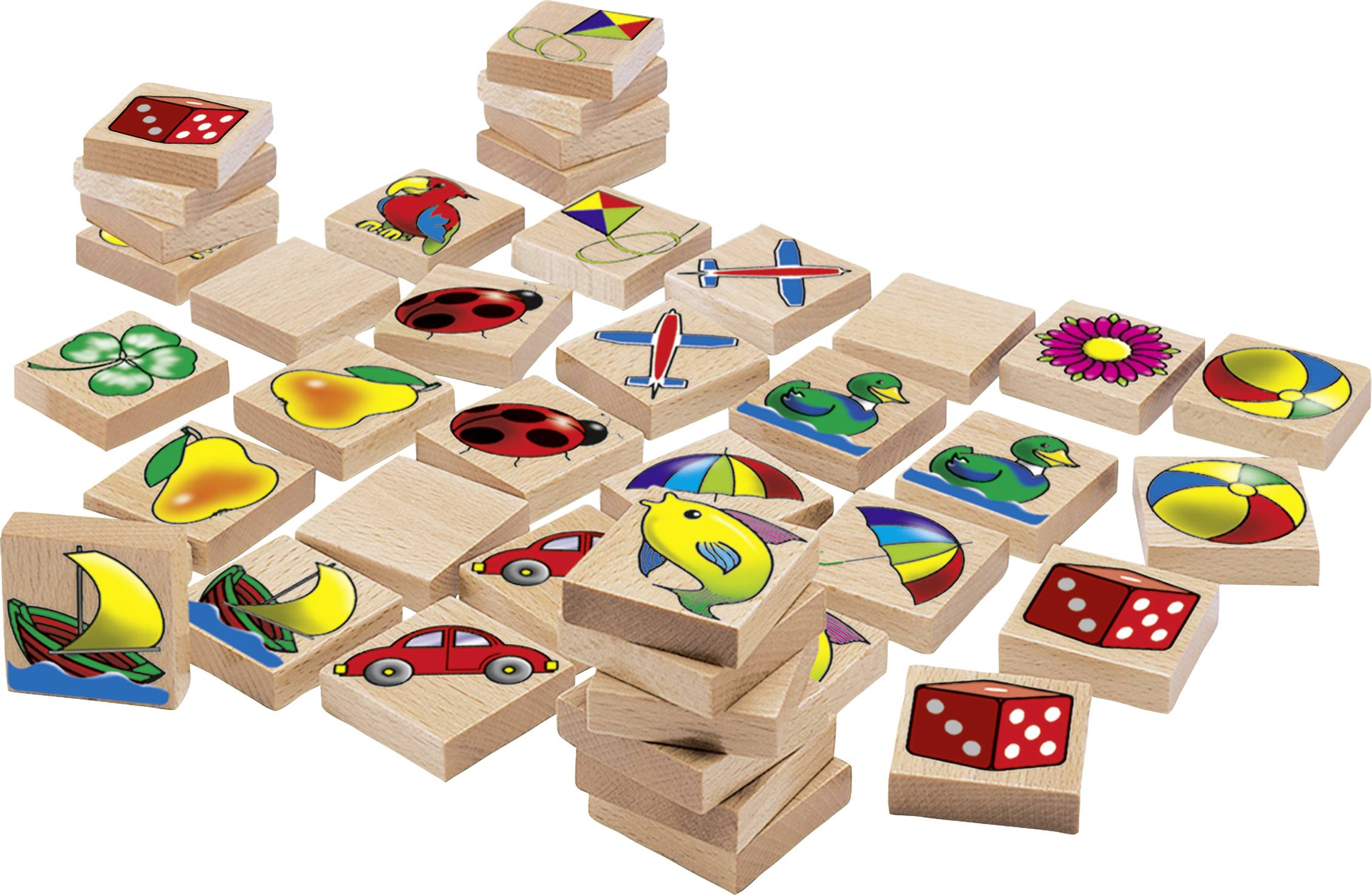Wooden toys with colourful pictures of cars, birds, and fruits on square blocks, stacked and scattered.