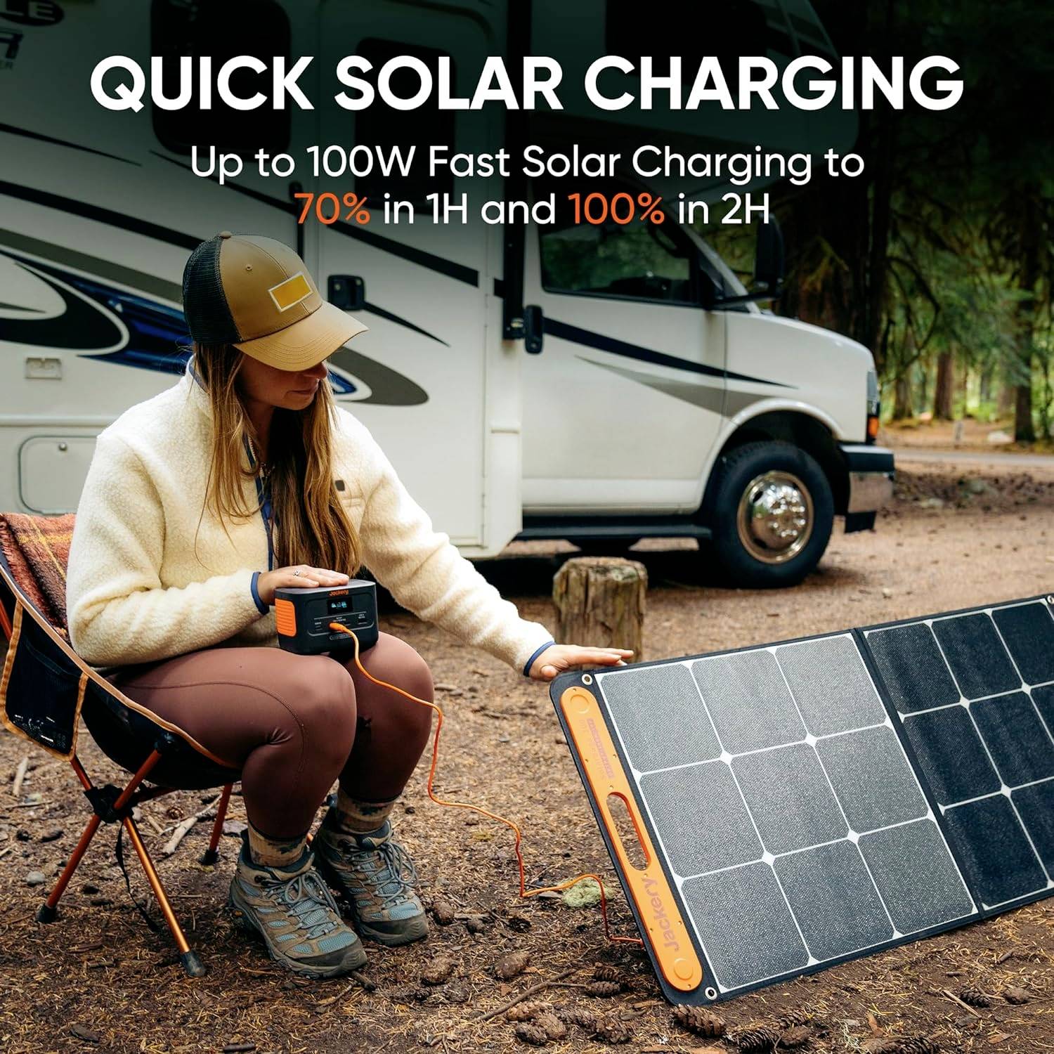 A person is sitting outdoors next to a camper van and holding a charger. A solar panel stands beside them. Text: 'Fast solar charging, 70% in 1 hour, 100% in 2 hours'.