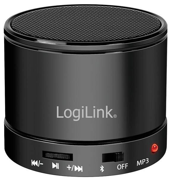 A compact, black Bluetooth speaker by LogiLink with controls for volume, playback, and power on/off.