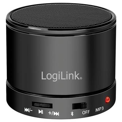 A compact, black Bluetooth speaker by LogiLink with controls for volume, playback, and power on/off.