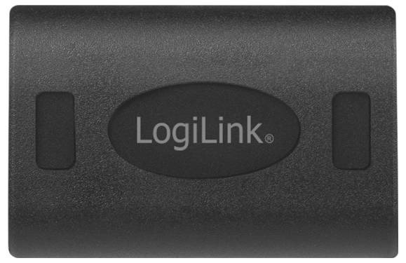 Black LogiLink adapter housing with distinctive logo in the centre, suitable for electronic connections.